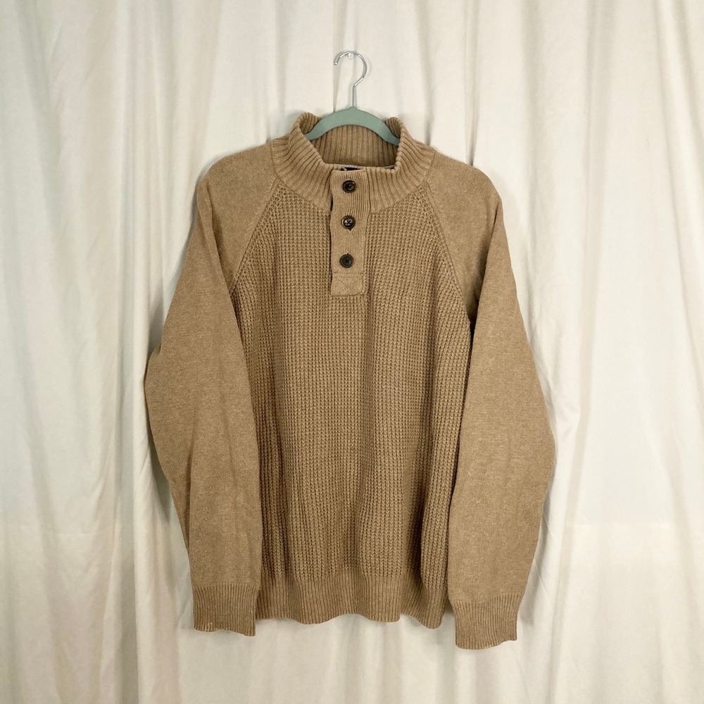 Weatherproof Vintage Henley Sweater Tan Waffle Knit Mock Neck L Gorpcore Prep
